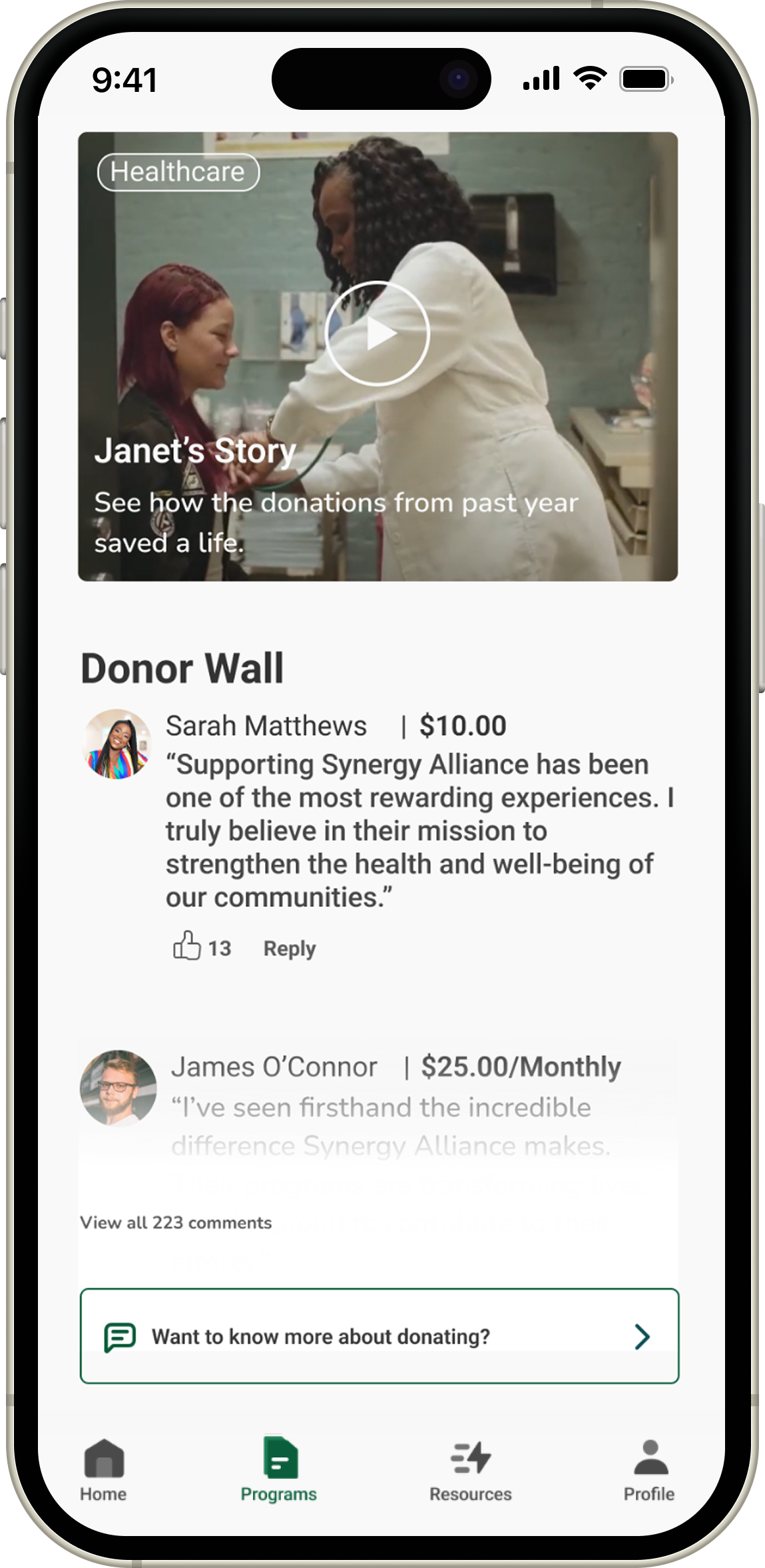 Contribution detail screen showing donor wall information and recent supporter contributions.